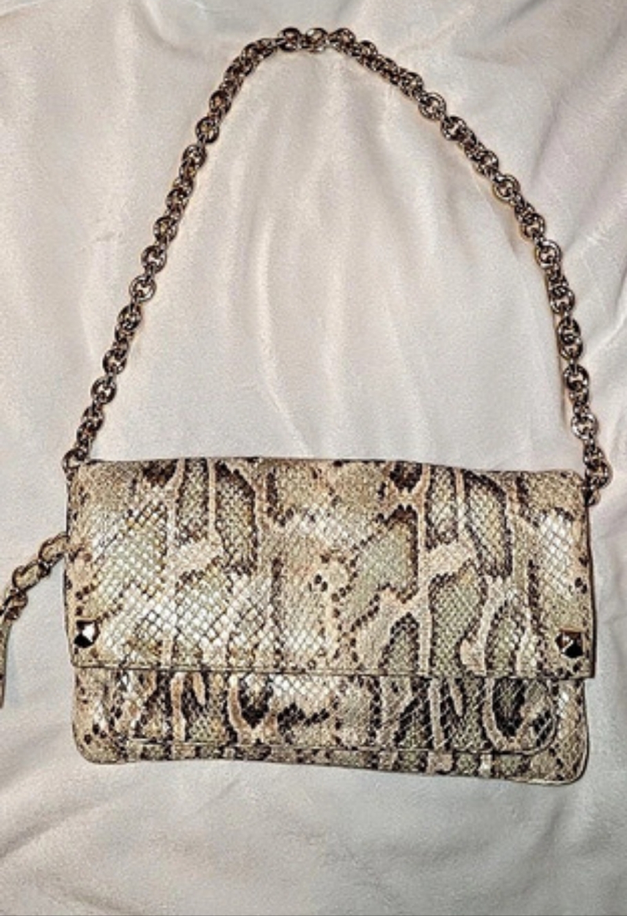 Henri Bendel Reptile Embossed Chain Clutch Shoulder Bag Cream Brown GUC